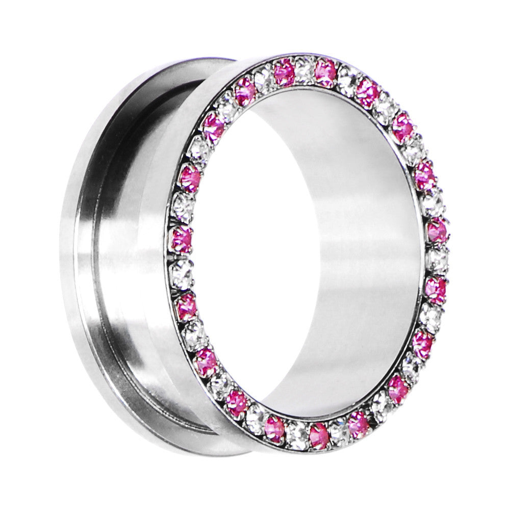 26mm Stainless Steel Pink Clear Gem Screw Fit Tunnel