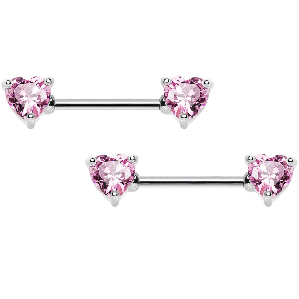 Pink Cubic Zirconia Heart Front Gem Nipple Barbell Set