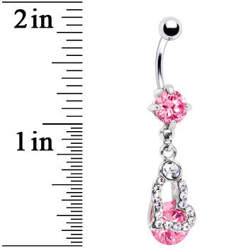 Pink Gem Encrusted Hollow Heart Dangle Belly Ring