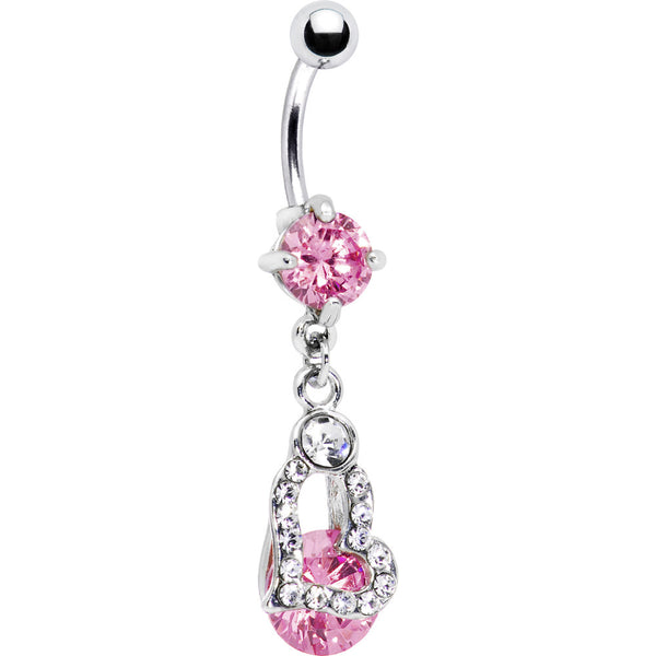Pink Gem Encrusted Hollow Heart Dangle Belly Ring