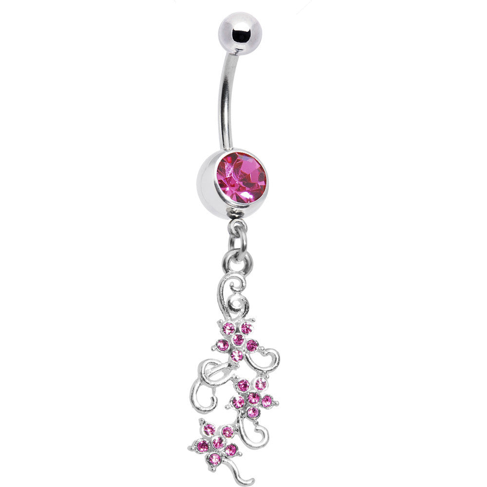 Pink Gem Dramatic Floral Drop Belly Ring