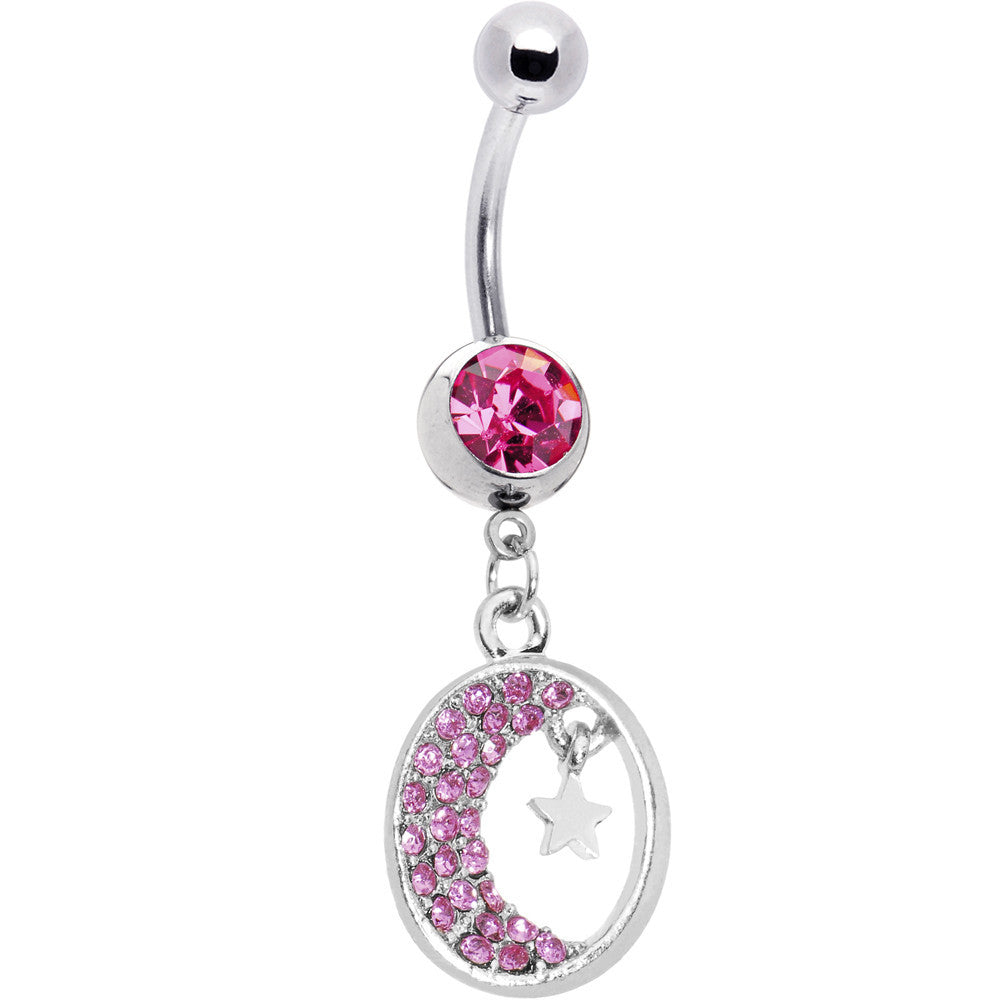 Pink Gem Celestial Crescent Moon Belly Ring