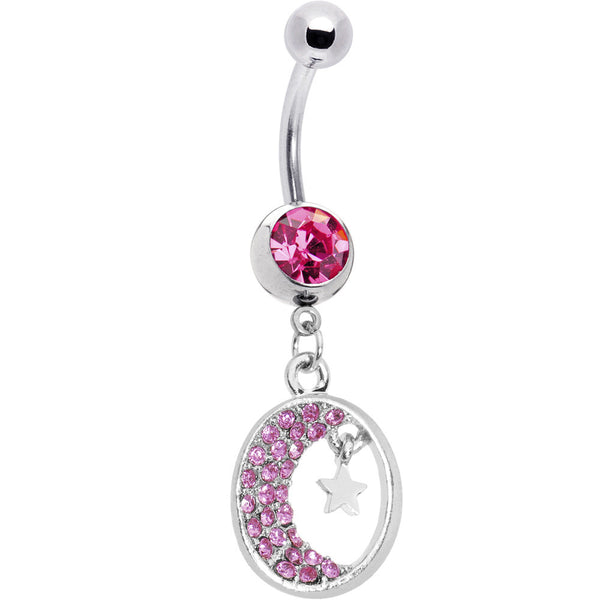 Pink Gem Celestial Crescent Moon Belly Ring BodyCandy
