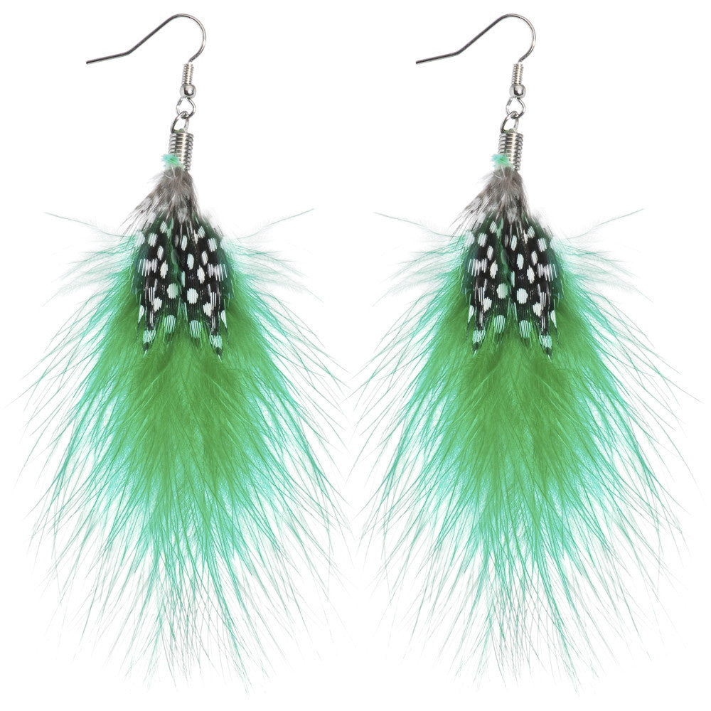 Green White Polka Dot Feather Earrings