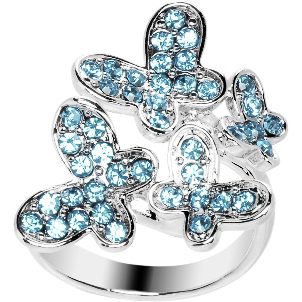 Aqua Jeweled Cluster Butterfly Adjustable Ring