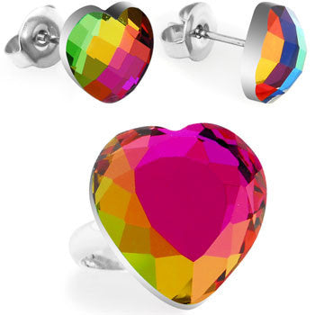 Rainbow Heart Adjustable Ring and Stud Earring Set