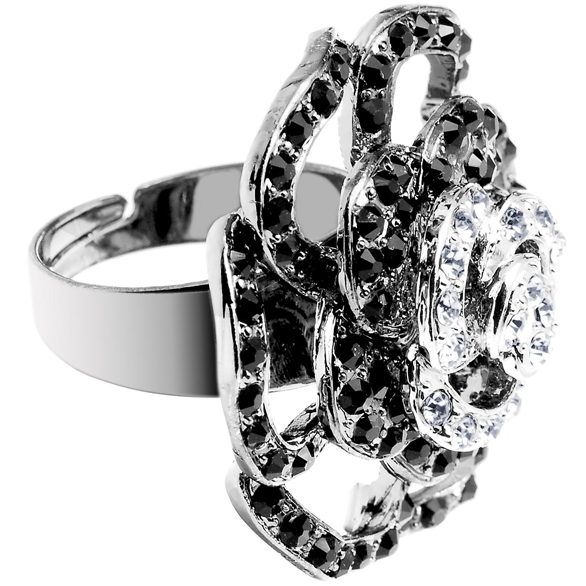 Black and Clear Crystal Flower Bloom Adjustable Ring