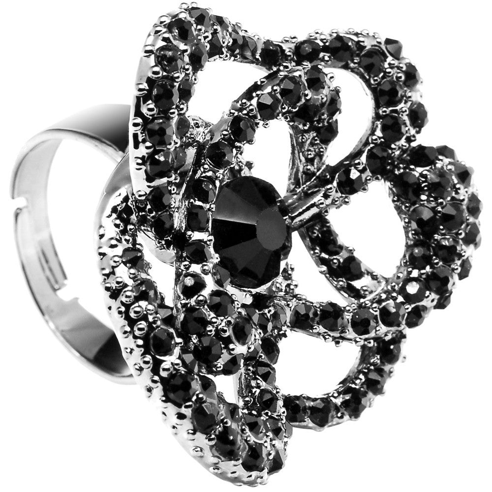 Midnight Crystal Flower Adjustable Ring