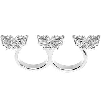 Silver Tone Crystalline Butterfly Trio Double Finger Ring
