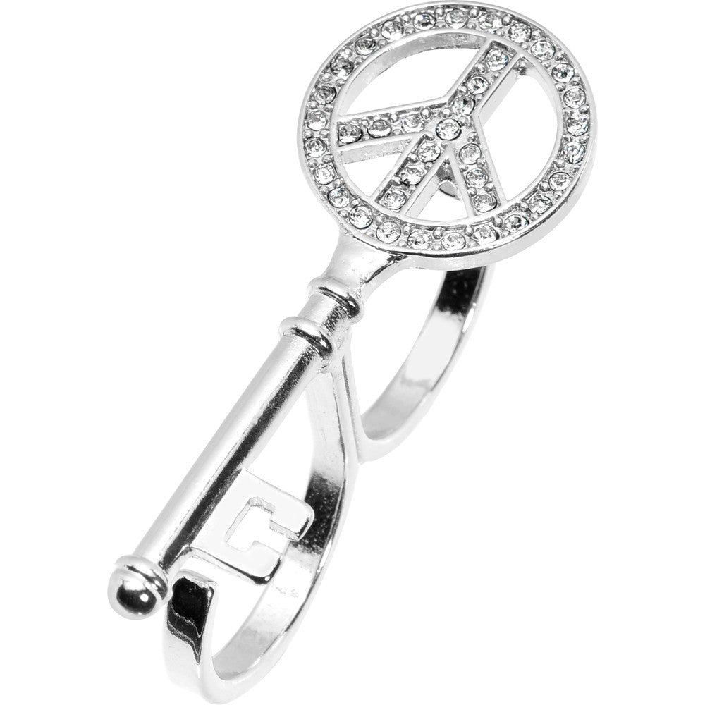 Silver Tone Peace Sign Shaped Key Double Finger Ring