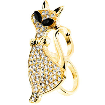Gold Tone Crystalline Fashion Feline Double Finger Ring