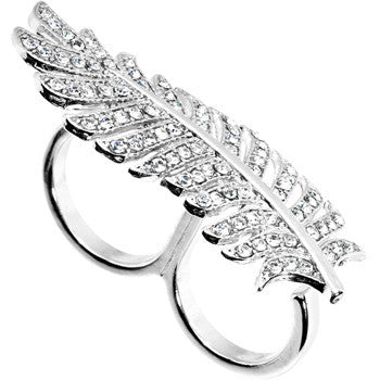 Silver Tone Crystalline Feather Double Finger Ring