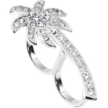 Silver Tone Crystalline Tropical Palm Tree Double Finger Ring