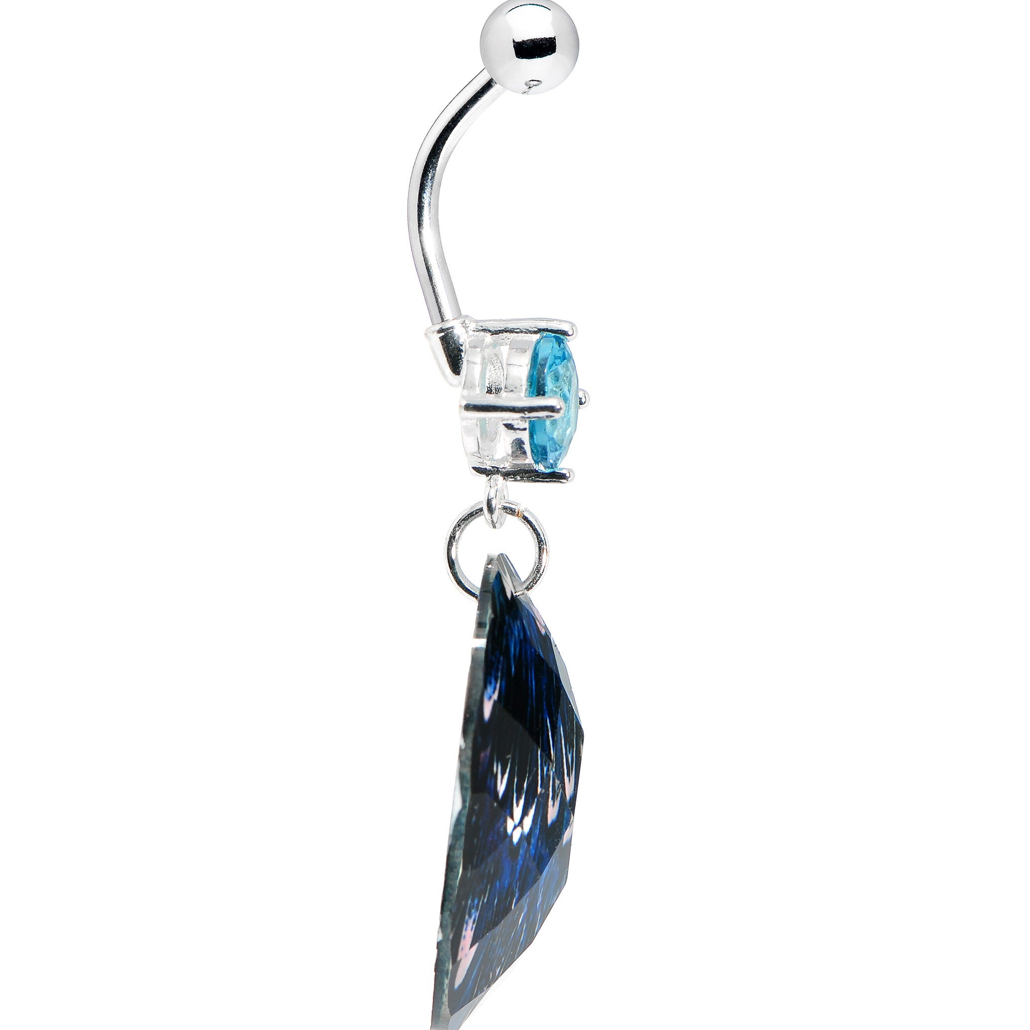 Prong Set Blue Gem Paradise Feather Oval Dangle Belly Ring