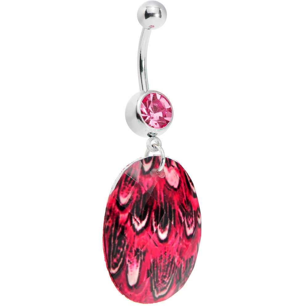 Pink Gem Paradise Feather Oval Dangle Belly Ring