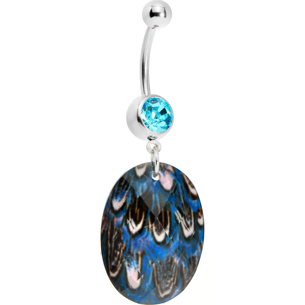 Blue Gem Paradise Feather Oval Dangle Belly Ring