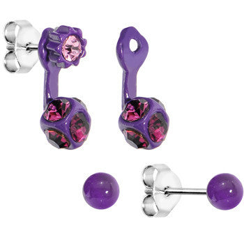 Purple Floral Drop Stud Earring Set
