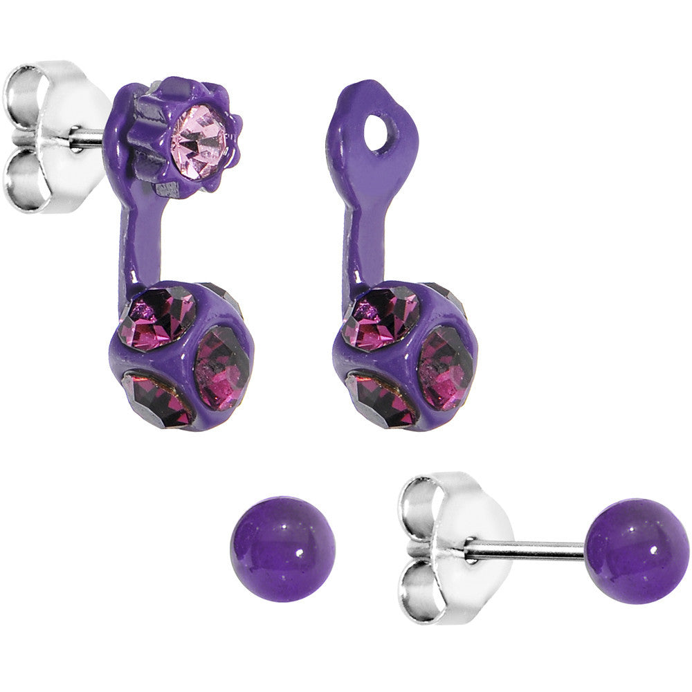 Purple Floral Drop Stud Earring Set