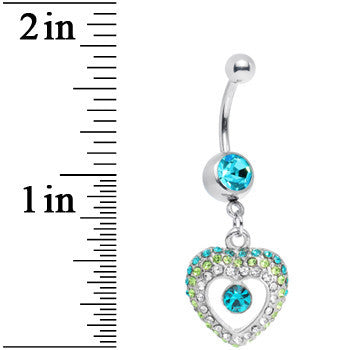 Aqua Gem Ombre Paved Hollow Heart Belly Ring