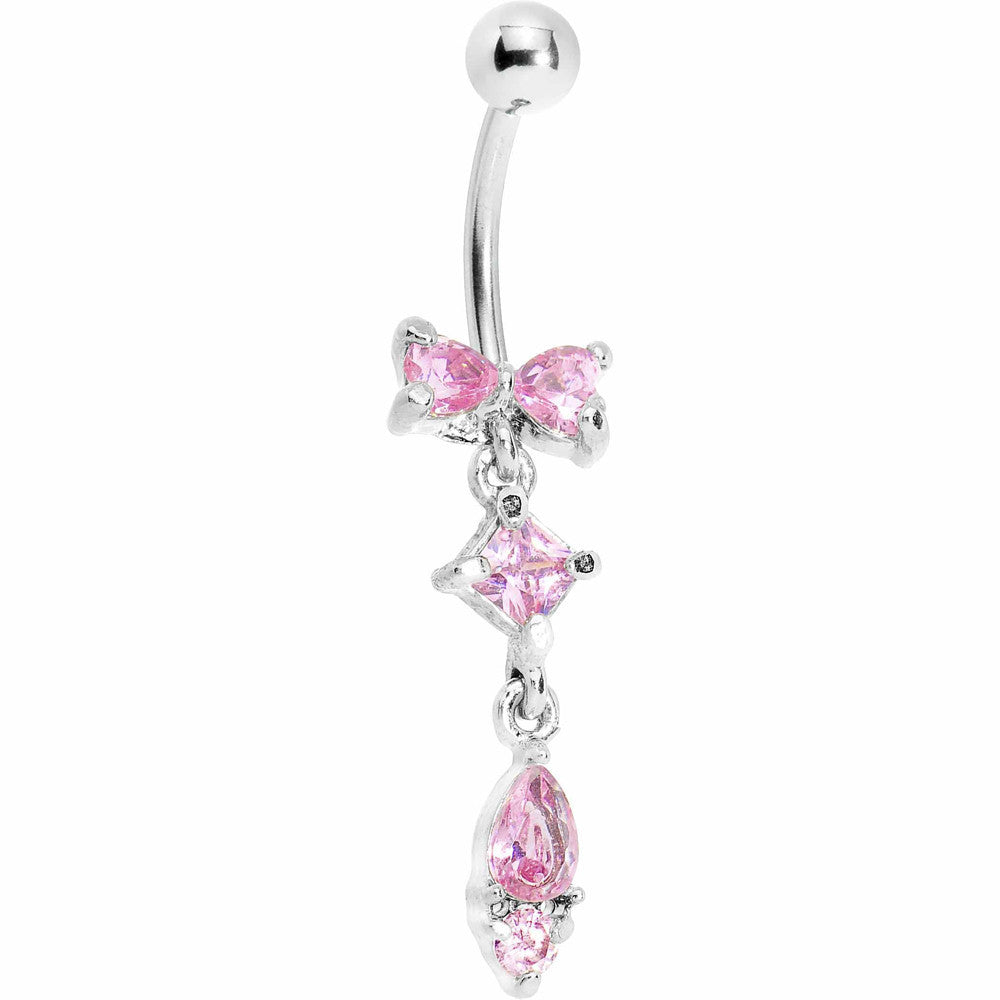 Pink Gem Bow Teardrop Dangle Belly Ring