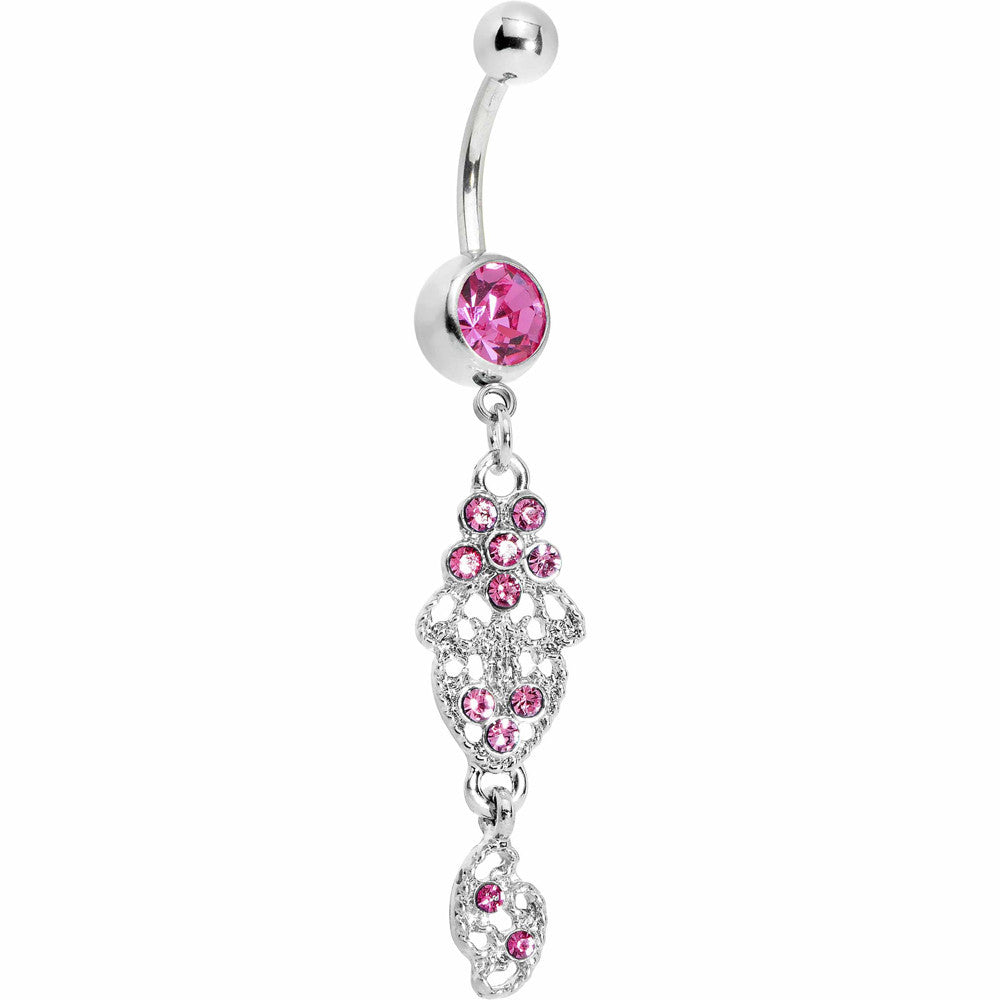 Pink Gem Floral Lace Filigree Dangle Belly Ring