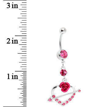 Pink Gem Rose Flower Heart with Arrow Belly Ring
