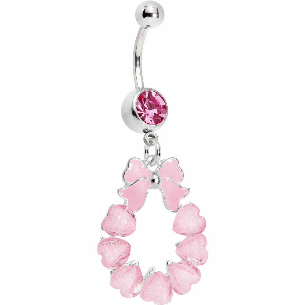 Pink Hearts with Ribbon Teardrop Belly Ring