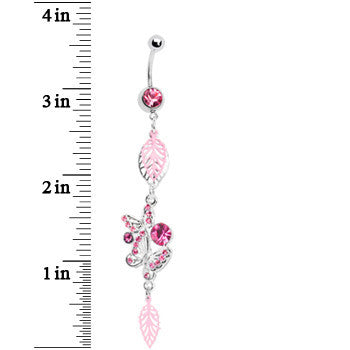 Pink Gem Dual Butterfly Falling Leaf Belly Ring