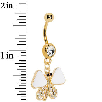 Gold Plated White Enamel Jeweled Butterfly Dangle Belly Ring