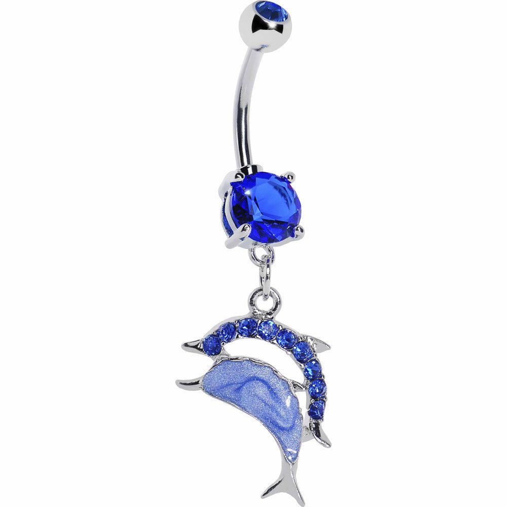 Blue Gem Double Leaping Dolphin Dangle Belly Ring