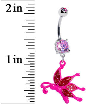 Glittery Pink Butterfly Dangle Belly Ring