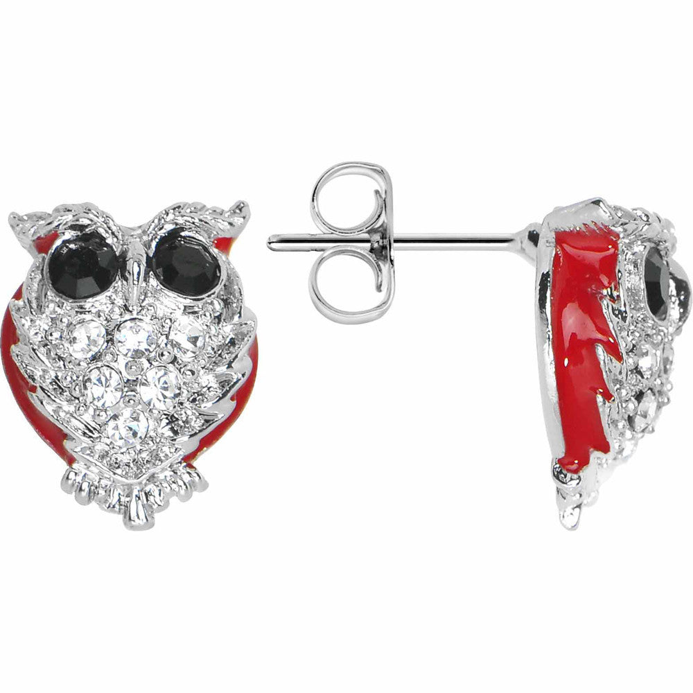 Silver Tone Gem Owl Stud Earrings