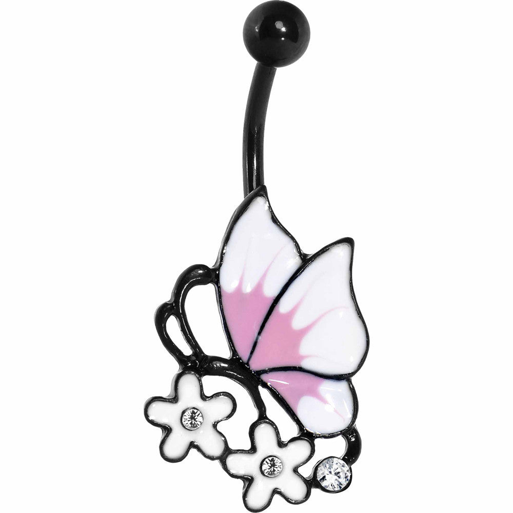 Clear Gem Black Pink Burst White Butterfly Flower Belly Ring