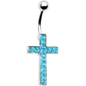 Aqua Gem Paved Perfect Cross Belly Ring
