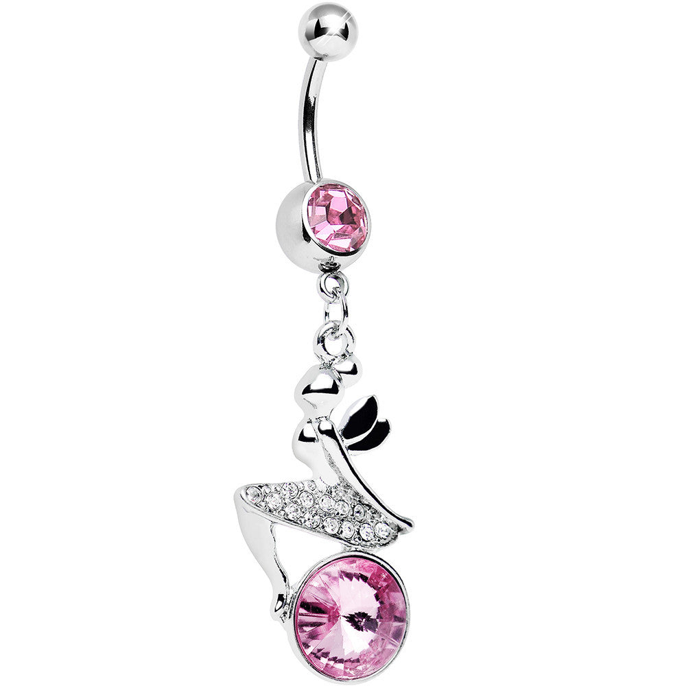 Pink Gem Perched Fairy Dangle Belly Ring