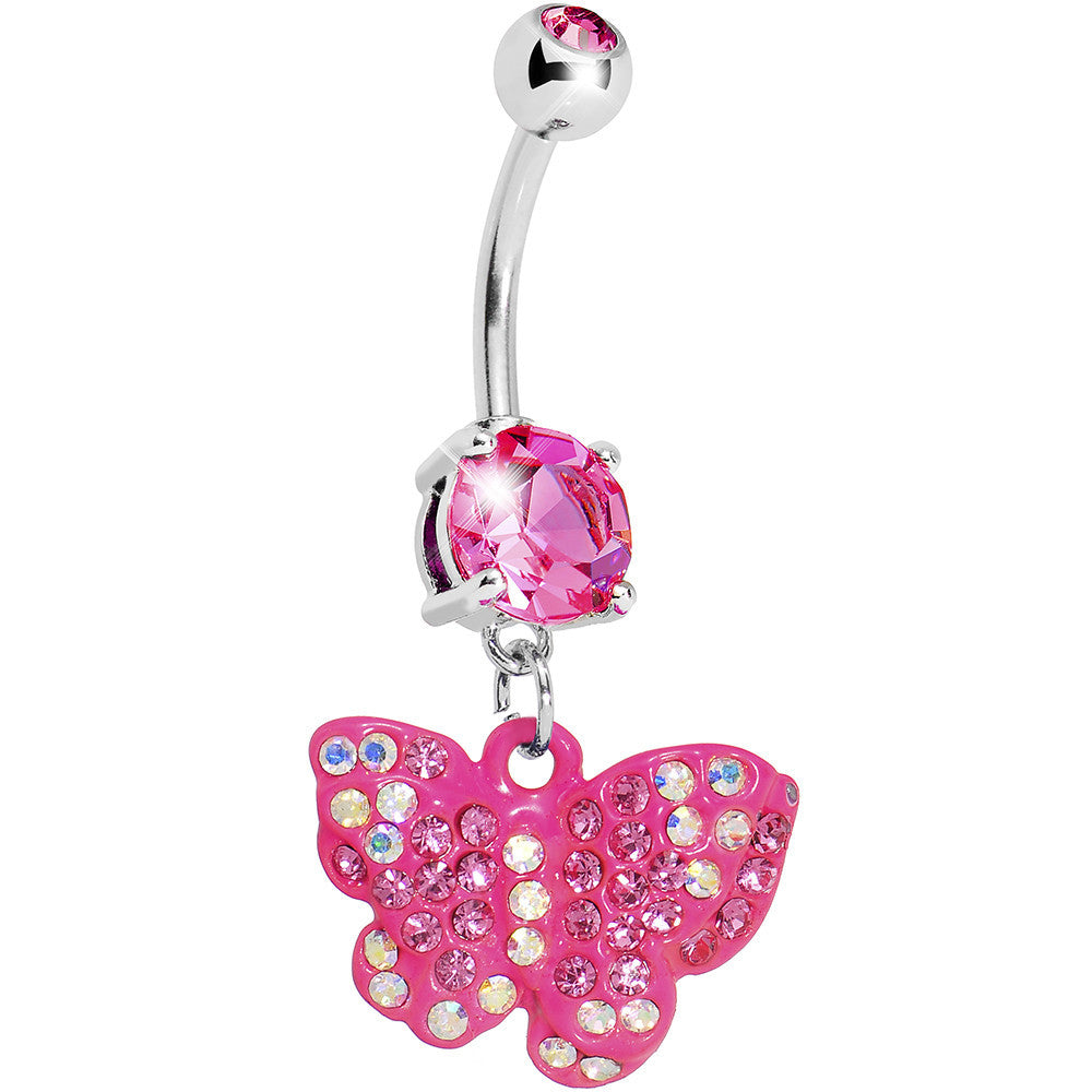 Pink Gem Sparkling Butterfly Dangle Belly Ring