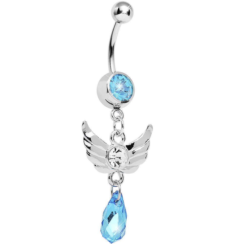 Aqua Gem Teardrop Angel Wing Dangle Belly Ring
