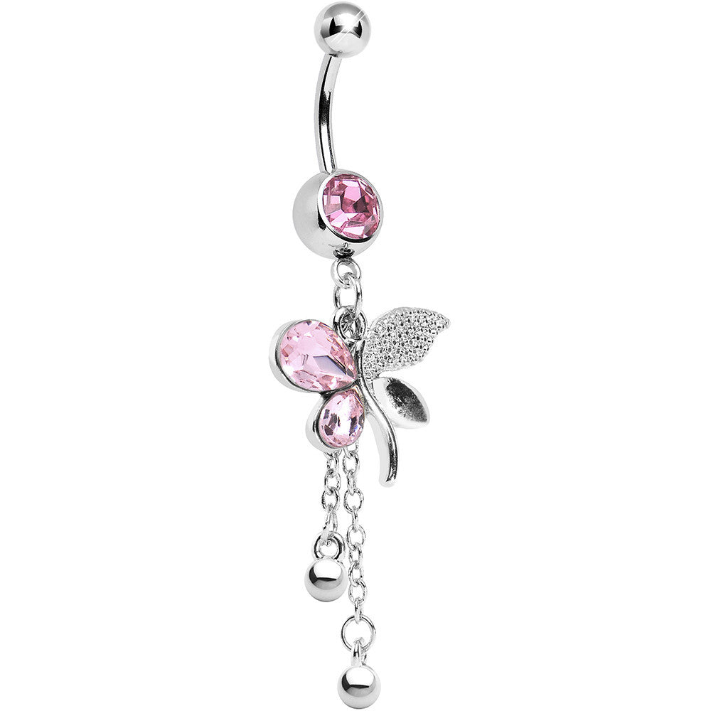 Pink Gem Paved Wing Butterfly Chain Drop Belly Ring