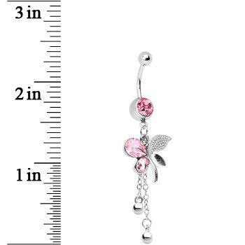 Pink Gem Paved Wing Butterfly Chain Drop Belly Ring