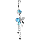 Aqua Gem Paved Wing Butterfly Chain Drop Belly Ring