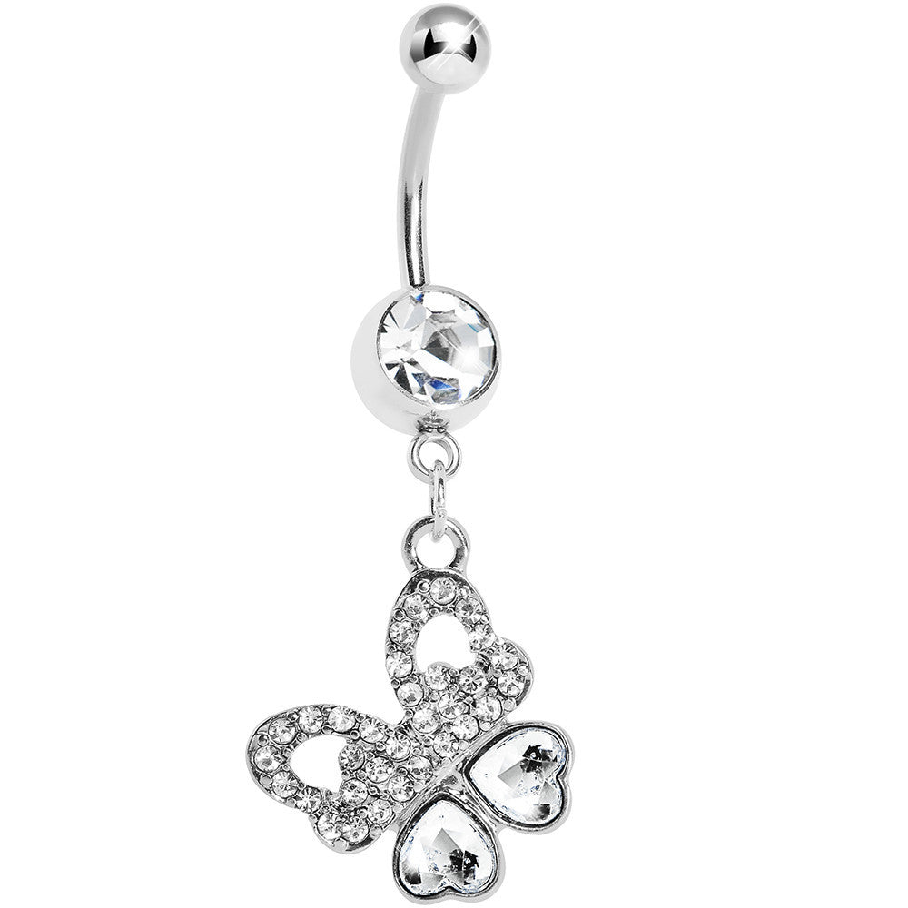 Crystalline Gem Paved Heart Wing Butterfly Belly Ring