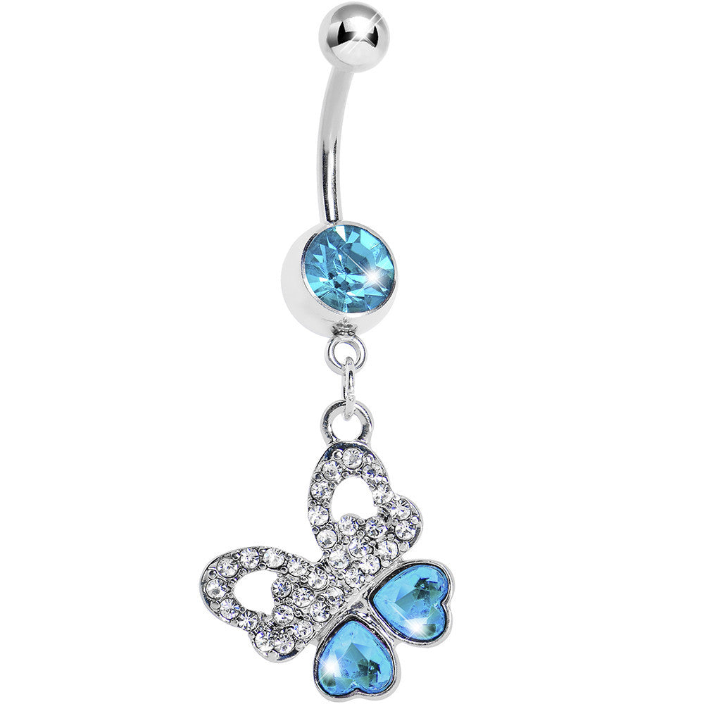 Aqua Gem Paved Heart Wing Butterfly Belly Ring