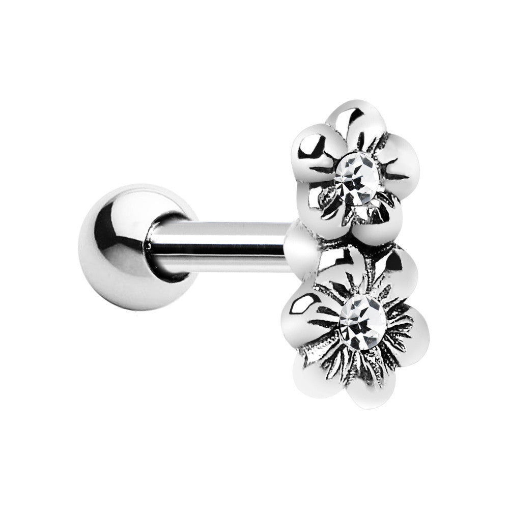 Silver 925 Clear CZ Dual Flower Cartilage Tragus Earring