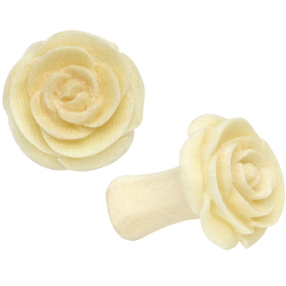 4G Organic White Crocodile Wood Rose Flower Hand Carved Plug Set