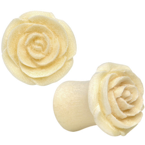 0G Organic White Crocodile Wood Rose Flower Hand Carved Plug Set