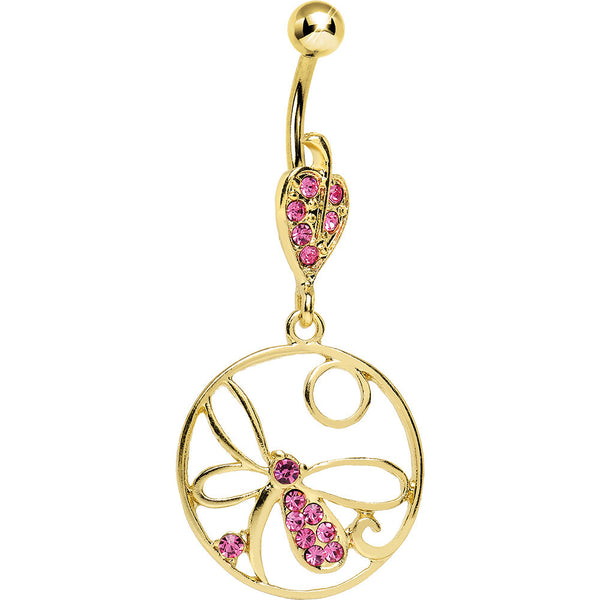 Gold Plated Circle Encased Pink Gem Dragonfly Belly Ring