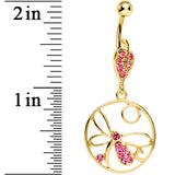 Gold Plated Circle Encased Pink Gem Dragonfly Belly Ring