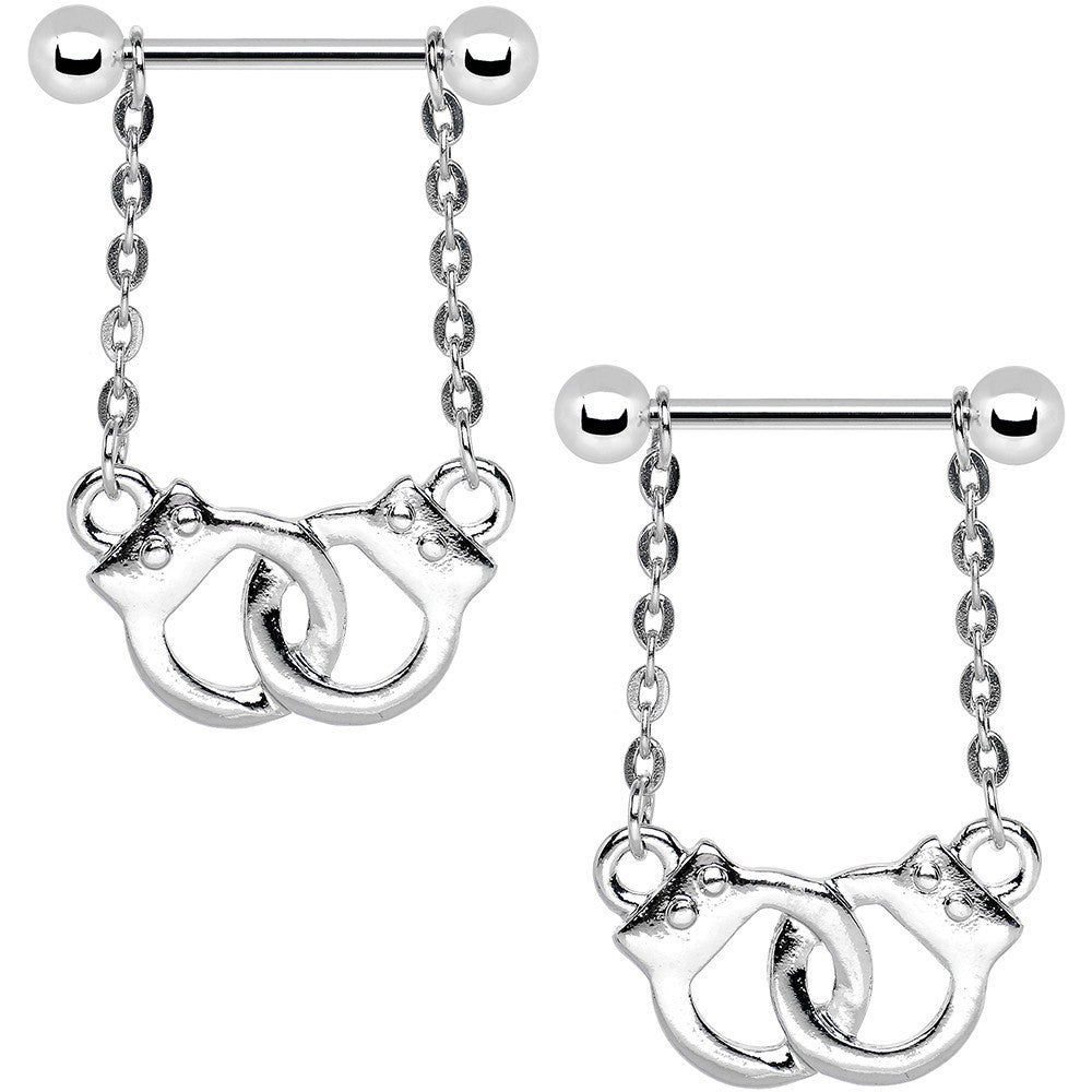 Prisoner of Love Steel Handcuffs Dangle Nipple Ring Set