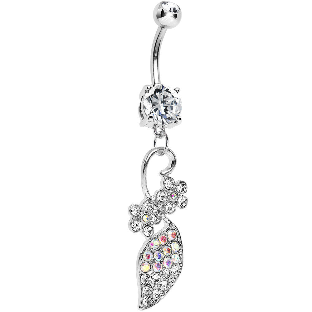 Clear and Aurora Paved Gem Elaborate Floral Vine Belly Ring