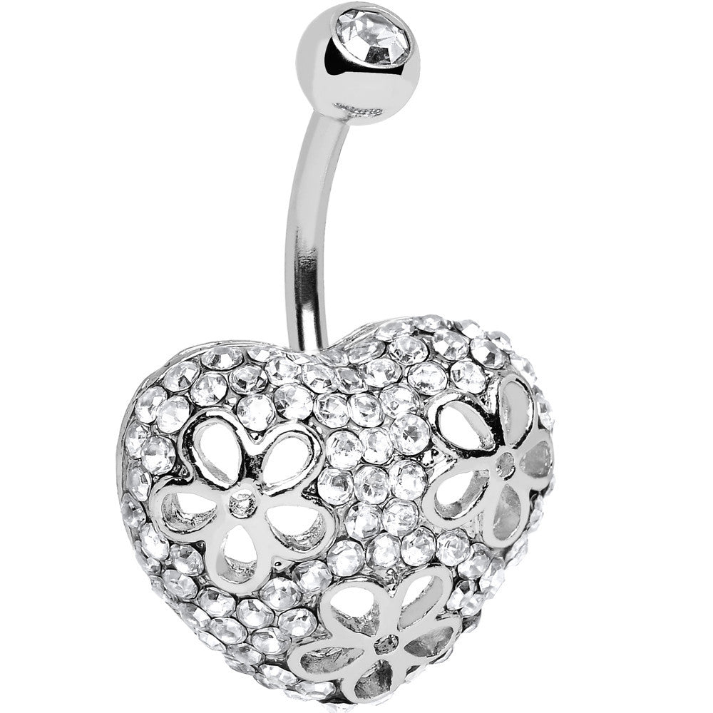 Clear Cubic Zirconia Paved Floral Heart Belly Ring
